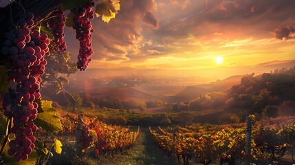 Vineyards at sunset in autumn harvest. Ripe grapes in fall.  - obrazy, fototapety, plakaty