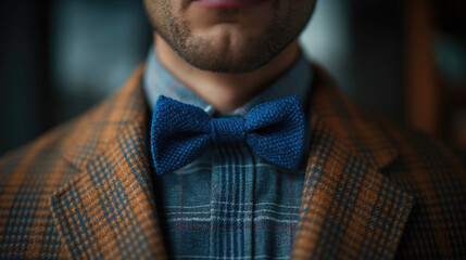 Close-up of a man in a pink bow tie and brown checked jacket