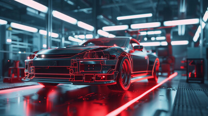 A visually stunning 3D animation of a car being created through CNC machining in a factory setting