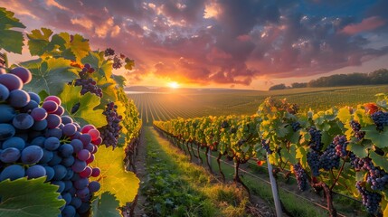 Naklejka premium Vineyards at sunset in autumn harvest. Ripe grapes in fall. 