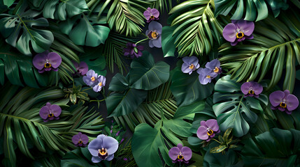 A lush green creeper entwined with delicate violet orchids against a backdrop of giant Philodendron...