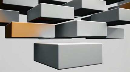 The boxes seem to be flying, repeating chamfer boxs decreasing in height upwards, black background, white boxes