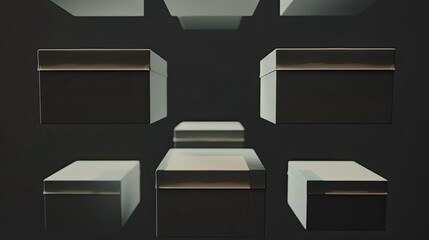 The boxes seem to be flying, repeating chamfer boxs decreasing in height upwards, black background, white boxes - obrazy, fototapety, plakaty