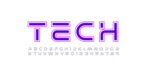 Technology outlines font, digital cyber alphabet made futurism style, letters A, B, C, D, E, F, G, H, I, J, K, L, M, N, O, P, Q, R, S, T, U, V, W, X, Y, Z and numerals 0, 1, 2, 3, 4, 5, 6, 7, 8, 9