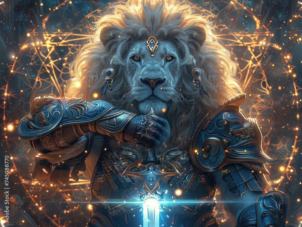 Wall mural Medieval knight in armor. Portrait of gigantic cute lion deity warrior in a shining armor holding the pitcher. There is a geometric cosmic mandala zodiac style made of lights in the background