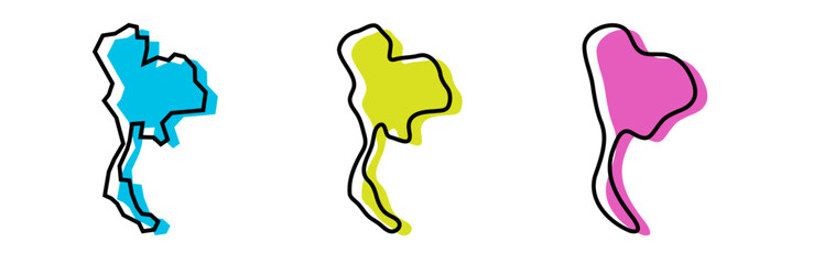 Thailand country black outline and colored country silhouettes in three different levels of smoothness. Simplified maps. Vector icons isolated on white background.