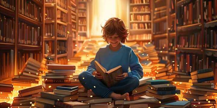 A Young Boy Reading a Book in a Library, Celebrating National Reading Month Generative AI