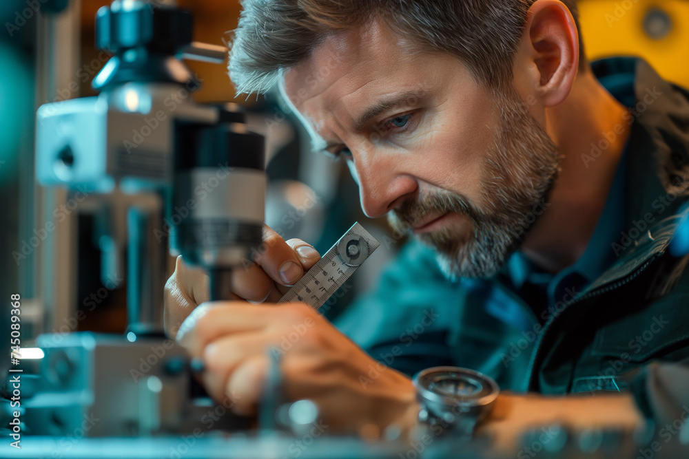 Poster Close-up of a man inspecting a product with a measuring tool.