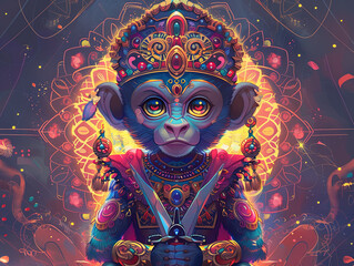 Medieval knight in armor. Portrait of gigantic cute monkey deity warrior in a shining armor holding the pitcher. There is a geometric cosmic mandala zodiac style made of lights in the background