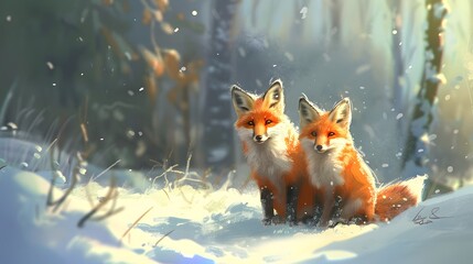 A Cute foxes on the snow during winter season. digital art