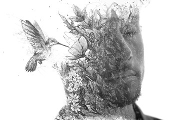 A double exposure paintography portrait of a man with a calibri bird
