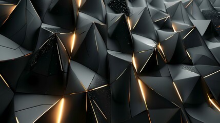 3d rendering of abstract black background with golden lights. Futuristic polygonal design.