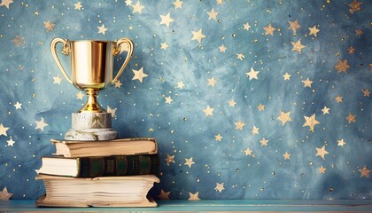 Golden Star Trophy on Top of Books A Monthly Reading Challenge Generative AI - obrazy, fototapety, plakaty
