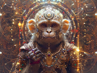 Medieval knight in armor. Portrait of gigantic cute monkey deity warrior in a shining armor holding the pitcher. There is a geometric cosmic mandala zodiac style made of lights in the background