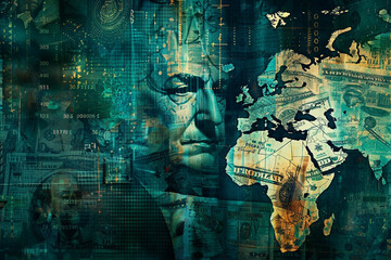 Create a digital art piece that incorporates elements of currency exchange and a world map in a unique and visually appealing way