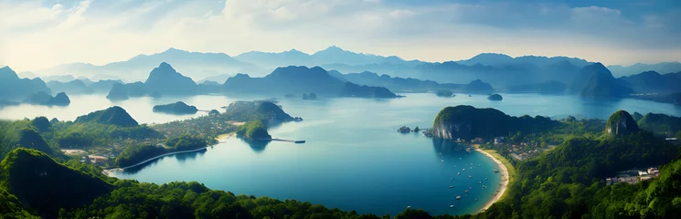 Schilderijen op glas  Panoramic Landscape of Ocean, Mountains, and the Serene Islands of Phuket, Thailand under a Blue Sky © Rana