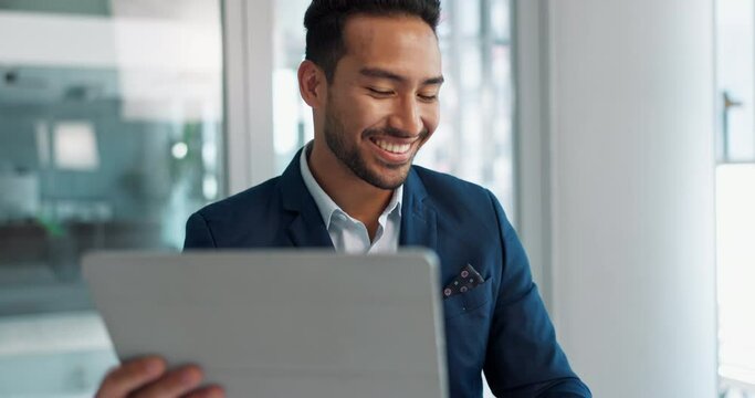 Research, happy or businessman with tablet or laptop for blog, post or networking in office. Digital agency, technology or social media manager typing online or planning for update on web with smile