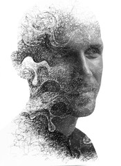 A paintography double exposure male portrait combined with abstract scribble - 745090926