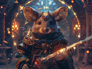 Fototapeta premium Medieval knight in armor. Portrait of gigantic cute rat deity warrior in a shining armor holding the pitcher. There is a geometric cosmic mandala zodiac style made of lights in the background