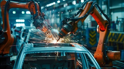 Robot welding is welding assembly automotive part in car factory. 