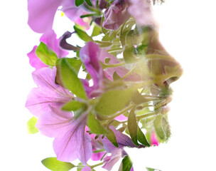 A gentle and floral double exposure male profile portrait - 745091144