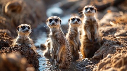 amusing composition featuring playful meerkats in a mud pool, showcasing their curious postures and cooperative behaviors - obrazy, fototapety, plakaty