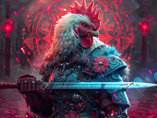 Medieval knight in armor. Portrait of gigantic cute rooster deity warrior in a shining armor...