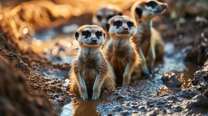 amusing composition featuring playful meerkats in a mud pool, showcasing their curious postures and cooperative behaviors - obrazy, fototapety, plakaty