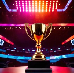Esports victory trophy in modern futurestic gaming arena