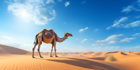 Desert Symphony: Capturing the Serenity of a Camel's Close-Up Amidst Endless Sands background ai generated