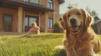 Two Kids Have fun with Their Handsome Golden Retriever Dog on the Backyard Lawn. They Pet, Play,...