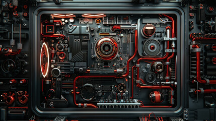 Create an illustration of a sleek and modern computer system incorporating elements of vintage mechanical gear technology