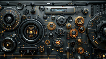 Design a futuristic software interface update with mechanical gears as the central theme - obrazy, fototapety, plakaty