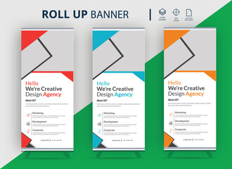 Business rollup banner template design, modern x banner design, stand template, and flag-banner advertising. 