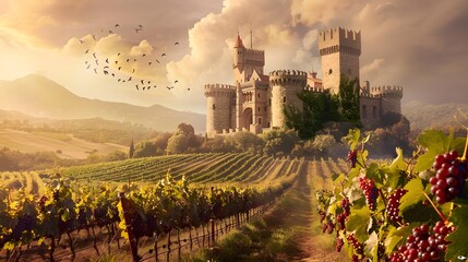 Fototapeta na wymiar Medieval Castle Overlooking Vineyards with Ripe Grape Bunches. The medieval castle overlooking the vineyards exudes a sense of grandeur and history.