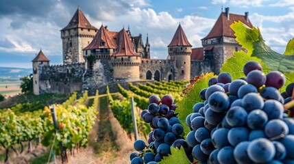 Medieval Castle Overlooking Vineyards with Ripe Grape Bunches. The medieval castle overlooking the vineyards exudes a sense of grandeur and history. - Powered by Adobe