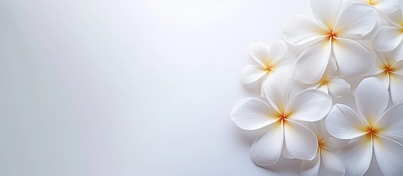 Numerous white plumeria rubra flowers are clustered together on a clean, white background. The delicate petals of the flowers contrast beautifully with the purity of the background.