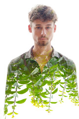 A double exposure male portrait merged with green shoots at the bottom - 745092538