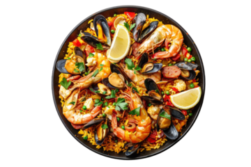 Spanish paella with saffron-infused rice, mixed seafood (shrimp, mussels, clams), chicken, chorizo, and vegetables.
