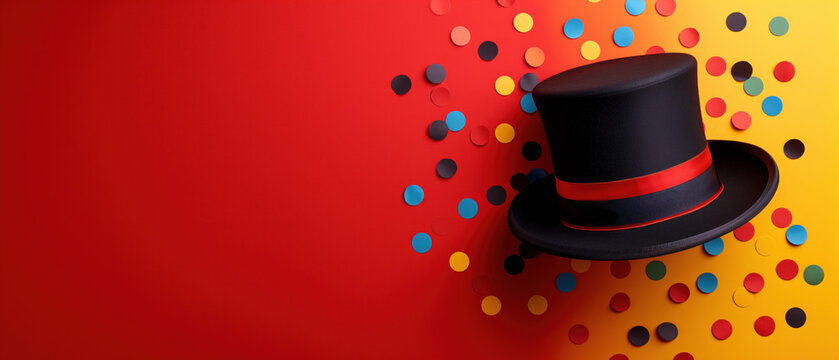 A magician's hat with a red band on a vibrant background sprinkled with multicolored confetti. April Fool's Day Celebration.