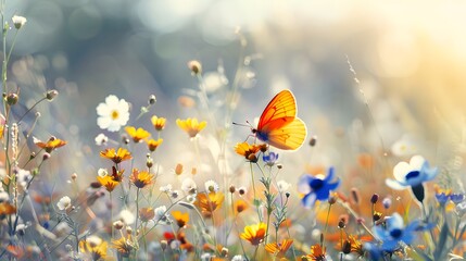 Beautiful wild flowers with butterfly on sunny spring meadow, close-up macro. Landscape wide format, copy space. Delightful pastoral airy artistic image. - obrazy, fototapety, plakaty