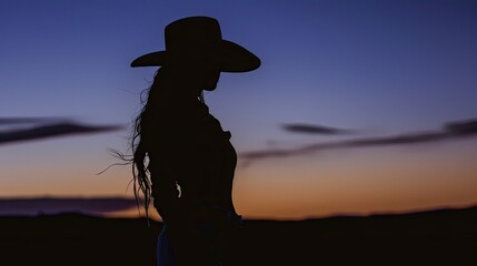 silhouette of a female cowboy during blue hour