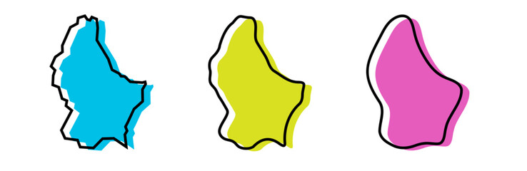 Luxembourg country black outline and colored country silhouettes in three different levels of smoothness. Simplified maps. Vector icons isolated on white background.