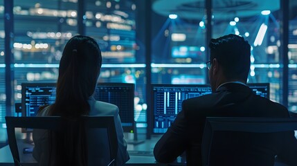 Wide Zoom In Back Shot Of Diverse Male And Female Risk Managers Analyzing Data On Digital Screen In Monitoring Room. Multiethnic Employees Working On Computers For Succesful Venture Capital Company