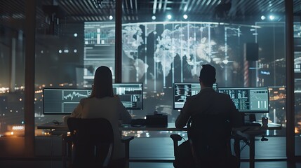 Wide Zoom In Back Shot Of Diverse Male And Female Risk Managers Analyzing Data On Digital Screen In Monitoring Room. Multiethnic Employees Working On Computers For Succesful Venture Capital Company