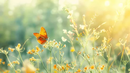 Keuken spatwand met foto Beautiful wild flowers with butterfly on sunny spring meadow, close-up macro. Landscape wide format, copy space. Delightful pastoral airy artistic image. © Ziyan