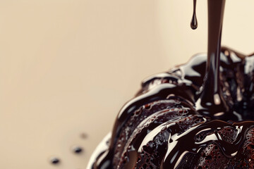 Chocolate bundt cake with melted chocolate pouring from top close up on a beige background. Copy...