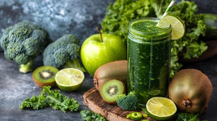 Green juice or smoothie with ingredients. Blended Spinach, Kale, kiwi, green Granny Smith apple, lime, broccoli. Healthy vegetarian diet.