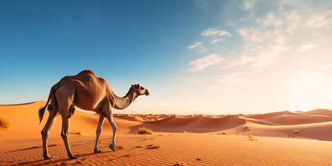 In the Heart of Arid Beauty: Observing a Solitary Camel in Detailed Isolation on a Desert Horizon background ai generated