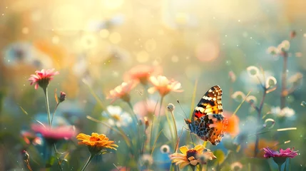 Stof per meter Beautiful wild flowers with butterfly on sunny spring meadow, close-up macro. Landscape wide format, copy space. Delightful pastoral airy artistic image. © Ziyan